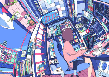 1girl absurdly_detailed_composition akabane_1999 book bookshelf brown_hair cat chair clock commentary_request computer computer_keyboard computer_mouse cup fisheye flat_color highres indoors loaded_interior long_sleeves original plant scenery shelf short_hair sitting slice_of_life solo swivel_chair window