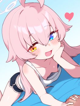 1girl absurdres ahoge blue_archive blue_eyes blush breasts commentary dolphin_shorts fang halo heart heterochromia highres hoshino_(blue_archive) lk149 loli long_hair looking_at_viewer lying nipples on_stomach pink_hair shorts small_breasts smile yellow_eyes