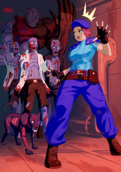 Rule 34 | 1girl, belt, beret, black gloves, blood, blood on body, blood on clothes, blood on face, blue eyes, blue hat, blue pants, blue shirt, boots, breasts, brown boots, brown hair, claws, dog, fingerless gloves, gloves, hands up, hashtag-only commentary, hat, highres, indoors, jill valentine, legs apart, looking at another, medium breasts, multiple boys, open clothes, open mouth, open shirt, pants, pocket, resident evil, resident evil 1, s.t.a.r.s. uniform, shirt, short hair, short sleeves, shoulder pads, surprised, t-002 (resident evil), torn clothes, torn pants, torn shirt, tyrant (resident evil), yagi2013, zombie, zombie dog