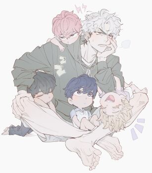 5boys aged_down bamby_(plave) barefoot black_hair blonde_hair blue_hair closed_eyes closed_mouth eunho_(plave) full_body furrowed_brow green_hoodie hamin_(plave) hand_rest highres hood hoodie indian_style invisible_floor k-pop long_sleeves male_focus multiple_boys noah_(plave) open_mouth p_o_p_dorodoro pink_hair plave red_eyes short_hair simple_background sitting smile teeth upper_teeth_only white_background white_hair yejun_(plave)