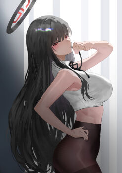 1girl absurdres black_hair black_halo black_pantyhose blue_archive breasts commentary_request cropped_sweater from_side halo highres indoors korean_commentary large_breasts long_hair pantyhose red_eyes rio_(blue_archive) solo sweater very_long_hair white_sweater yoco0917
