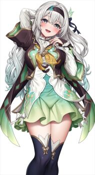 1girl :d arm_behind_head black_hairband black_ribbon black_thighhighs blue_pupils blush breasts bridal_gauntlets commentary_request firefly_(honkai:_star_rail) green_pupils grey_hair hair_between_eyes hair_ribbon hairband hand_on_own_chest honkai:_star_rail honkai_(series) lambda_(kusowarota) large_breasts long_hair long_sleeves looking_at_viewer multicolored_eyes neckerchief open_mouth orange_neckerchief ribbon shirt single_bridal_gauntlet smile solo standing thighhighs thighs two-tone_eyes white_background white_shirt