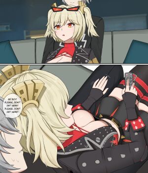 1boy 1girl absurdres black_jacket black_shirt black_skirt blue_eyes breasts burnice_white cleavage commentary controller crop_top english_commentary english_text eyewear_on_head grey_hair highres holding holding_remote_control indoors jacket long_hair na_(naneesan1) orange_eyes parted_lips remote_control shirt sitting sitting_on_lap sitting_on_person skirt twintails wise_(zenless_zone_zero) zenless_zone_zero