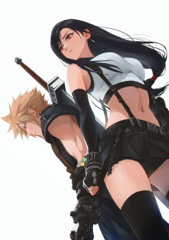 1boy 1girl absurdres armor black_hair black_skirt black_thighhighs blonde_hair blue_eyes breasts buster_sword closed_mouth cloud_strife crop_top earrings elbow_gloves final_fantasy final_fantasy_vii final_fantasy_vii_remake fingerless_gloves floating_earrings gloves highres jewelry large_breasts long_hair low-tied_long_hair materia midriff navel red_eyes short_hair shoulder_armor side-by-side single_shoulder_pad skirt sleeveless sleeveless_turtleneck spiked_hair spykeee suspender_skirt suspenders sword sword_on_back tank_top thighhighs tifa_lockhart turtleneck twitter_username weapon weapon_on_back white_background white_tank_top