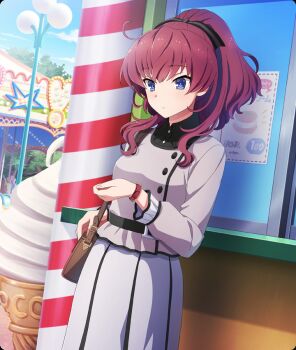 1girl amusement_park bag belt black_belt black_ribbon blue_eyes blue_sky breasts brown_bag buttons carousel cloud day dutch_angle food game_cg grey_shirt grey_skirt hair_ribbon handbag high_ponytail ice_cream ice_cream_cone ice_cream_sandwich konohana_suzuka lamppost long_skirt long_sleeves looking_at_watch medium_breasts official_art outdoors ponytail red_hair ribbon shirt sidelocks sign skirt sky solo storefront striped_ribbon third-party_source toji_no_miko toji_no_miko:_kizamishi_issen_no_tomoshibi watch window wristwatch