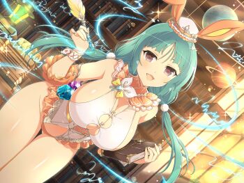 1girl air_writing animal_ear_headwear animal_ears bashou_(senran_kagura) bent_over book breasts cleavage day detached_sleeves fake_animal_ears grey_hair hat highleg highleg_leotard highres holding holding_book holding_pen indoors large_breasts leotard library long_hair looking_at_viewer low_twintails mini_hat nontraditional_playboy_bunny official_alternate_costume official_alternate_hairstyle official_art open_mouth orange_leotard pen planet playboy_bunny purple_eyes quill rabbit_ears saturn_(planet) see-through_clothes senran_kagura senran_kagura_new_link smile solo twintails wrist_cuffs