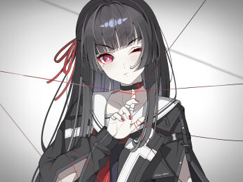 1girl arm_cutout black_choker black_hair black_jacket black_serafuku blunt_bangs chisa_(wuthering_waves) choker clothing_cutout commentary dao_qie hair_ribbon hand_up highres jacket light_blush long_hair long_sleeves looking_at_viewer mole mole_under_eye nail_polish neckerchief one_eye_closed red_eyes red_nails red_neckerchief red_ribbon ribbon sailor_collar school_uniform serafuku solo string string_of_fate upper_body white_sailor_collar wuthering_waves