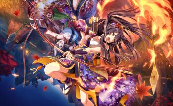 2girls arrow_(projectile) artist_request bandaid bandaid_on_face bandaid_on_nose bare_shoulders black_choker black_sandals black_shorts bow_(weapon) brown_hair chest_sarashi choker clothing_cutout collarbone cowboy_shot determined drawing_bow ear_ornament eyelashes fire floating_clothes floating_hair floral_print foot_out_of_frame game_cg hair_between_eyes hair_ornament highres holding holding_arrow holding_bow_(weapon) holding_weapon horse_girl japanese_clothes kimono knee_up leaf leaf_print light_particles long_hair long_sleeves looking_to_the_side maple_leaf mountain multicolored_hair multiple_girls narita_brian_(the_whistling_arrow's_taunt)_(umamusume) narita_brian_(umamusume) official_alternate_costume official_art okobo open_mouth outdoors path pink_eyes platform_sandals print_kimono purple_kimono quiver red_kimono road rope sandals sarashi shimenawa shorts shoulder_cutout single_bracer single_sleeve socks streaked_hair symboli_rudolf_(archer_by_moonlight)_(umamusume) symboli_rudolf_(umamusume) tabi target teeth tome_of_the_night_sky tree two-sided_fabric umamusume upper_teeth_only v-shaped_eyebrows very_long_hair weapon white_socks wide_sleeves yellow_eyes yellow_kimono