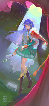 1girl absurdres arm_at_side ascot belt belt_buckle black_background black_boots blunt_bangs blunt_ends boots buckle curtains epaulettes floating_hair full_body fur-trimmed_jacket fur_trim gradient_background green_background green_jacket green_skirt hand_up hashtag-only_commentary heel_up highres holding holding_mace holding_weapon jacket jacket_on_shoulders knee_boots light_particles long_hair long_sleeves looking_at_viewer mace miniskirt open_clothes open_jacket open_mouth pleated_skirt purple_eyes purple_hair red_jacket scoreboard shirt shoujo_kageki_revue_starlight single_horizontal_stripe skirt smile solo song_name spotlight stage_curtains standing striped_clothes striped_skirt tassel tsuyuzaki_mahiru twitter_username two_side_up waist_cape weapon white_ascot white_shirt yellow_belt yushokupan