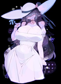 1girl animal_ears bare_shoulders bell black_background black_choker black_hair breasts choker closed_mouth collarbone commentary commission cow_ears cow_girl cow_tail cropped_torso crossed_bangs curvy dress english_commentary facing_viewer hair_over_eyes hand_up hat highres huge_breasts long_hair mole mole_on_breast naomi_(jampulse) neck_bell original solo standing sweat tail usa37107692 white_dress white_hat