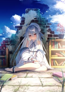 Rule 34 | 1girl, ahoge, belt, blue ribbon, blue sky, book, book stack, bookshelf, brick wall, clothes down, cloud, commentary request, flower, full body, highres, jacket, looking at viewer, open clothes, open jacket, original, red eyes, ribbon, shiro youduki, shirt, sitting, sky, sleeveless, sleeveless shirt, solo, spider lily, white hair, white jacket, white shirt, yokozuwari