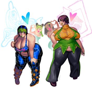 4girls alternate_body_size bare_shoulders belly black_hair braid braided_ponytail breasts brooch cleavage cone_hair_bun cosplay double_bun ermes_costello fat fat_woman foo_fighters_(jojo) green_hair green_lips hair_bun halterneck heart heart_hands highres huge_breasts jewelry jojo_no_kimyou_na_bouken kuujou_jolyne kuujou_jolyne_(cosplay) lipstick makeup midriff multicolored_hair multiple_girls namnums narciso_anasui narciso_anasui_(cosplay) pants short_hair spider_web_print standing stone_ocean two-tone_hair