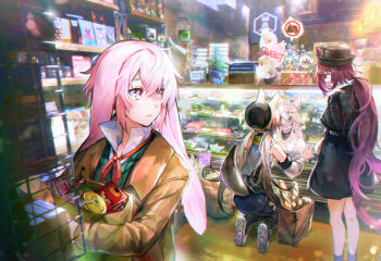 2girls 3boys adnachiel_(arknights) animal_ears ansel_(arknights) arknights arms_behind_back artist_name bag baguette bare_legs beret black_hat black_skirt blonde_hair blue_hair bowler_hat bread brown_jacket cardigan_(arknights) cardigan_(sunny_day)_(arknights) cash_register cat_ears cat_girl cat_tail collared_shirt commentary display_case dog_ears english_text feet_out_of_frame food full_body green_vest halo hat highres holding holding_bag ice_cream indoors jacket jar long_hair lop_rabbit_ears melantha_(arknights) melantha_(letters_from_wessex)_(arknights) multiple_boys multiple_girls pink_eyes pink_hair plaid_clothes plaid_vest pocky purple_hair rabbit_ears shelf shirt shopping_bag short_hair skirt sparkling_eyes speech_bubble squatting steward_(arknights) symbol-only_commentary tail tin_(container) upper_body vest wed_(lim38869577) white_shirt