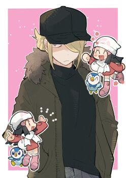 1boy 1girl ^_^ alternate_costume beanie black_hair black_sweater blonde_hair boots chibi chibi_inset closed_eyes coat dawn_(pokemon) dress flower_symbol fur-trimmed_coat fur_trim gen_4_pokemon hair_over_one_eye hands_in_pockets hat highres long_hair long_sleeves multiple_views nintendo open_mouth pink_boots piplup pointing pokemon pokemon_(creature) pokemon_dppt pokemon_legends:_arceus red_dress scarf sweater volo_(pokemon) white_hat white_scarf zowpltvujg13047