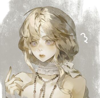 Rule 34 | 1girl, aegyo sal, bare shoulders, blonde hair, choker, closed mouth, eyelashes, fingernails, gem-studded nails, highres, lips, long hair, looking at hand, original, purple eyes, solo, upper body, white choker, yeej chan