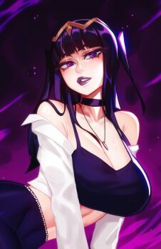 Rule 34 | 1girl, absurdres, bare shoulders, black hair, breasts, choker, circle, collarbone, commentary, crop top, cut bangs, english commentary, eyeliner, fire emblem, fire emblem awakening, goth fashion, highres, jacket, jewelry, large breasts, lipstick, long hair, looking at viewer, makeup, midriff, navel, necklace, nintendo, parted lips, purple eyes, purple lips, qtori, solo, tharja (fire emblem), tiara, white jacket