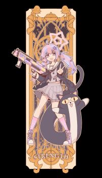 1701hbk 1girl ahoge beads black_background black_neckerchief blue_archive blue_hair bullpup card_(medium) commentary double-barreled_shotgun english_commentary full_body grey_serafuku grey_skirt gun hair_beads hair_ornament halo highres kneehighs long_hair long_sleeves looking_at_viewer multicolored_hair multiple-barrel_gun neckerchief open_mouth pink_hair pink_halo pleated_skirt pump-action_shotgun purple_eyes reisa_(blue_archive) school_uniform serafuku shotgun side-by-side-barreled_shotgun skirt smile socks solo standard_manufacturing_dp-12 standing star_(symbol) star_hair_ornament star_halo strength_(tarot) striped_clothes striped_socks stuffed_animal stuffed_cat stuffed_toy tarot tarot_(medium) twintails two-tone_hair v weapon
