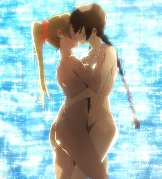 2girls absurdres anime_screenshot ass asymmetrical_docking beach blush braid breast_press breasts brown_hair busujima_saeko closed_eyes dimples_of_venus double_bun flat_ass grabbing_another's_ass groping hair_bun highres highschool_of_the_dead hug kiss large_breasts legs miyamoto_rei multiple_girls non-web_source nude ponytail purple_hair shiny_skin sparkle standing stitched thighs third-party_edit twin_braids water yuri