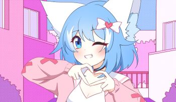 Rule 34 | four-finger heart hands, animal ear fluff, animal ears, blue eyes, blue hair, bow, breasts, cleavage, collar, commentary, dot nose, english commentary, grin, hair bow, halftone, halftone background, heart, heart hands, highres, indie virtual youtuber, looking at viewer, multicolored hair, one eye closed, pale skin, short hair, smile, streaked hair, virtual youtuber, white streaks, wolf ears, wolf girl, wolfychu, wolfychu (artist)