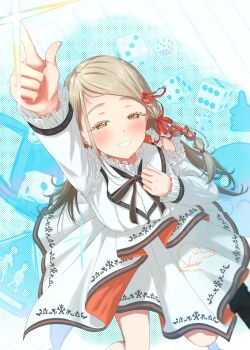 Rule 34 | 1girl, absurdres, arm up, black ribbon, black shoes, blonde hair, blush, braid, collared dress, commentary request, dice, dress, earrings, foreshortening, frilled shirt collar, frills, from above, full body, gakuen idolmaster, gradient hair, grey hair, hair ribbon, half-closed eyes, hand on own chest, highres, idolmaster, jewelry, jumping, l hand, long sleeves, looking at viewer, multicolored hair, neck ribbon, nokino shida, open mouth, orange eyes, pedestrian crossing sign, red ribbon, ribbon, ribbon braid, road sign, shinosawa hiro, shoes, sign, signature, single braid, smile, solo, stud earrings, sunfaded (idolmaster), swept bangs, twitter username, watermark, white dress