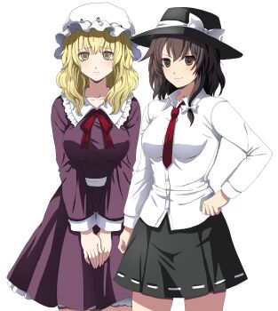 2girls absurdres black_hat black_skirt blonde_hair bow bowtie breasts brown_eyes brown_hair buttons collar collared_dress collared_shirt commentary_request corpse_party corpse_party_(style) cowboy_shot dress dress_shirt frilled_collar frilled_dress frills frown hand_on_own_hip hat hat_bow highres kuya_(hey36253625) long_sleeves looking_at_viewer maribel_hearn medium_breasts mob_cap multiple_girls necktie own_hands_together parody purple_dress red_bow red_bowtie red_necktie ribbon-trimmed_skirt ribbon_trim sash shirt simple_background skirt smile standing straight-on style_parody touhou usami_renko variant_set waist_ribbon waist_sash white_background white_hat yellow_eyes