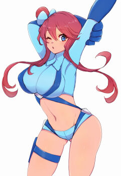 Rule 34 | 1girl, ;o, arms up, blue eyes, blue gloves, blue jacket, blue shorts, breasts, chemaru (a8l), commentary request, cowboy shot, cropped jacket, gloves, grey background, highres, jacket, large breasts, looking at viewer, midriff, navel, nintendo, one eye closed, parted lips, pokemon, pokemon bw, red hair, short shorts, shorts, sidelocks, simple background, skyla (pokemon), solo, standing, thigh strap