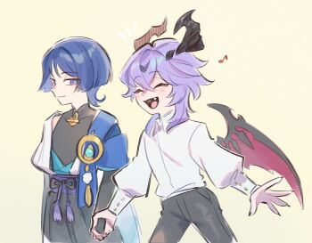 2boys black_bodysuit black_bow black_bridal_gauntlets black_horns black_pants black_shorts blue_cape blue_gemstone blue_hair blue_kimono blunt_ends bodysuit bow bridal_gauntlets cape closed_eyes closed_mouth collared_shirt covered_collarbone crossed_bangs dragon_boy dragon_horns dragon_wings eyeliner eyeshadow facial_mark facing_another fang feathers fingernails forehead_mark gem genshin_impact gold hair_between_eyes happy holding_hands horns japanese_clothes juban kimono light_blush long_sleeves looking_at_another makeup mandarin_collar mini_durin_(genshin_impact) mini_durin_(human)_(genshin_impact) multiple_boys musical_note open_clothes open_hand open_kimono open_mouth pants pink_wings pom_pom_(clothes) puffy_sleeves purple_eyes purple_hair purple_sash red_eyeliner red_eyeshadow sash scaramouche_(genshin_impact) sharp_fingernails shirt shorts shoulder_peek sideways_glance smile tassel tongue tsurime ukata wanderer_(genshin_impact) white_kimono white_shirt white_sleeves wings yellow_feathers