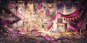 1girl absurdres animal_ears blonde_hair candle checkered_floor closed_mouth commission dress hair_ornament headdress highres long_hair looking_at_viewer mihuashi_commission original picture_frame pink_eyes plate puffy_short_sleeves puffy_sleeves rabbit_ears rabbit_girl short_sleeves smile solo string_of_flags stuffed_animal stuffed_rabbit stuffed_toy table tassel watermark wrist_cuffs yan_zi_yao_yu