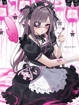 1girl absurdres apron arms_up artist_name bag bandaged_arm bandages bandaid bandaid_on_arm bandeau between_fingers black_bow black_collar black_dress black_hair black_nails black_ribbon blood blood_bag blush bow collar commentary detached_collar dress ear_piercing eyelashes eyepatch fingernails frilled_apron frilled_skirt frills full_body hair_ribbon halo hat heart-shaped_bag highres holding holding_syringe long_hair loose_bandages maid_apron nurse_cap one_eye_covered open_mouth original parted_bangs piercing pill pink_eyes pink_halo pink_ribbon puffy_sleeves ribbon short_sleeves shoulder_bag sitting skirt solo spiked_ear_piercing swept_bangs symbol-only_commentary syringe teeth two_side_up upper_teeth_only wanko_(yurika0320)