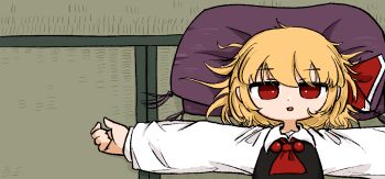 1girl ascot black_vest blonde_hair collared_shirt commentary_request hair_ribbon long_sleeves looking_at_viewer lying on_back open_mouth orientalzenzai outstretched_arms red_ascot red_eyes red_ribbon ribbon rumia shirt solo spread_arms tatami touhou vest white_shirt