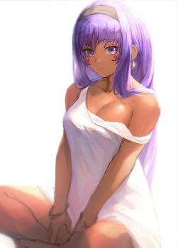 Rule 34 | 1girl, alternate costume, bare shoulders, barefoot, breasts, cleavage, collarbone, dark-skinned female, dark skin, earrings, facial mark, fate/grand order, fate (series), feet out of frame, hairband, highres, hoop earrings, jewelry, long hair, looking at viewer, medium breasts, miyamoto satoru, nitocris (fate), purple eyes, purple hair, revision, shirt, sidelocks, sitting, solo, white shirt