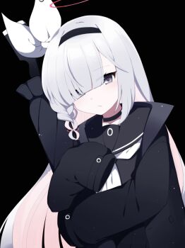 1girl absurdres black_background black_choker black_coat black_hairband black_sailor_collar black_shirt blue_archive blunt_bangs choker closed_mouth coat collarbone colored_inner_hair commentary_request grey_eyes grey_hair gun hair_over_one_eye hairband halo highres holding holding_gun holding_weapon long_hair long_sleeves multicolored_hair neckerchief open_clothes open_coat pink_hair plana_(blue_archive) red_halo sailor_collar school_uniform serafuku shirt simple_background solo umbrella_gun upper_body weapon white_neckerchief you_(noanoamoemoe)