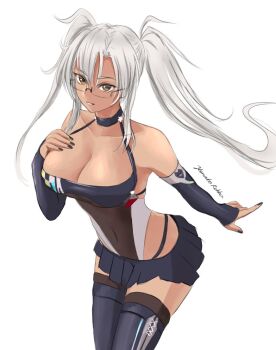1girl animal_ears azur_lane bare_shoulders black_one-piece_swimsuit blush breasts commentary_request cosplay dark-skinned_female dark_skin elbow_gloves glasses gloves hair_between_eyes kantai_collection large_breasts long_hair looking_at_viewer mercedes-amg_one microskirt musashi_(kancolle) one-piece_swimsuit race_queen red_eyes rekka_yamato shinano_(azur_lane) shinano_(azur_lane)_(cosplay) shinano_(moonlit_chrome)_(azur_lane) skirt solo swimsuit thighhighs twintails very_long_hair