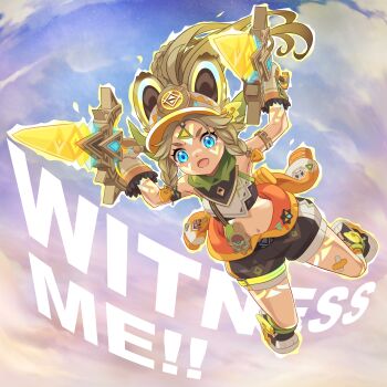 1girl 440_(straight440) absurdres animal_ears arms_up blue_eyes braid brown_hair chinchilla_ears cloud cloudy_sky commentary crop_top dual_wielding english_commentary english_text facial_tattoo falling floating_hair from_below full_body fur-trimmed_mittens fur_trim genshin_impact glowing glowing_tattoo highres holding holding_weapon kachina_(genshin_impact) long_hair mad_max mad_max:_fury_road midair midriff mittens navel open_mouth outdoors parody scene_reference shoes shorts side_braids sky solo stomach tattoo tearing_up v-shaped_eyebrows very_long_hair visor_cap weapon wide-eyed