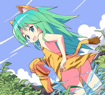 1girl animal_ears animal_print ass big_hair blue_sky cat_ears cat_tail cham_cham cloud day dress fang flat_chest from_behind gloves green_hair highres long_hair looking_back open_mouth panties parted_bangs plant print_dress roku_no_hito samurai_spirits short_dress single_glove sky solo strapless strapless_dress tail tiger_print underwear unworn_gloves wading water yellow_panties