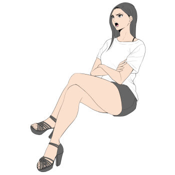 1girl black_eyes black_hair black_shorts breasts commentary_request crossed_arms crossed_legs full_body hair_behind_ear high_heels long_hair medium_breasts open_mouth original shirt short_shorts shorts sitting solo t-shirt tamagou white_shirt