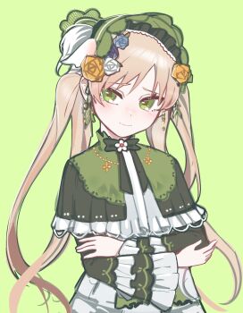 Rule 34 | 1girl, absurdres, bai weizi lingzi, blonde hair, bonnet, capelet, closed mouth, commentary request, dress, flower, frilled capelet, frilled sleeves, frills, green background, green bonnet, green dress, green eyes, green ribbon, hair flower, hair ornament, highres, lolita fashion, long hair, long sleeves, mahou shoujo no majo saiban, neck ribbon, ribbon, sidelocks, simple background, smile, solo, tono hanna, twintails