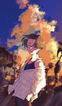 1boy black_hair black_pants cloud commentary_request flower golden_hour highres male_focus mersey neck_tattoo off_shoulder outdoors pants parted_bangs sano_manjirou solo sunflower tank_top tattoo tokyo_revengers