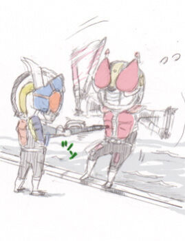 Rule 34 | 2boys, arm flail, armor, blue armor, flailing, helmet, japanese text, kamen rider, kamen rider den-o, kamen rider den-o (series), ledge, male focus, mask, masked, masked male, momotaros, multiple boys, poking, red armor, rod, sound effects, sword, urataros, water, weapon