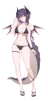Rule 34 | 1girl, absurdres, bare shoulders, bikini, black bikini, black horns, black sandals, breasts, breasts apart, collarbone, commentary, dragon girl, dragon horns, dragon tail, dragon wings, feet, flip-flops, full body, groin, hair between eyes, hair intakes, hand up, highres, horns, large breasts, large tail, legs, long hair, looking at viewer, meosic2, navel, pointy ears, purple eyes, sakihane huya, sandals, scrunchie, sideboob, sidelocks, simple background, solo, standing, standing on one leg, stellive, stomach, swimsuit, symbol-only commentary, tail, thigh strap, thighs, toes, two side up, underboob, very long hair, virtual youtuber, white background, wings, wrist scrunchie, yellow eyes