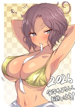 1girl absurdres arms_behind_head arms_up bikini blue_eyes blush breasts brown_hair cleavage closed_mouth commentary_request dark-skinned_female dark_skin gold_bikini highres large_breasts looking_at_viewer m-p_(74935450) megami_device short_hair sol_road_runner solo swimsuit upper_body