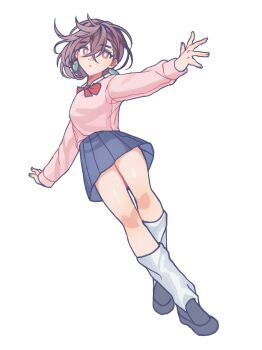 1girl ayase_momo black_shoes blue_sky bow bowtie breasts brown_eyes brown_hair closed_mouth collared_shirt crossed_bangs dandadan earrings full_body hair_between_eyes highres in_the_water jewelry loafers loose_socks medium_breasts outstretched_arms pink_sweater pleated_skirt red_bow red_bowtie school_uniform shirt shirt_under_sweater shoes short_hair skirt sky socks solo sweater white_background white_shirt white_socks