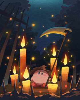 blue_eyes blush_stickers brown_hat candle closed_mouth commentary fireflies hat highres kirby kirby_(series) miclot night night_sky nintendo outdoors scythe sky solo symbol-only_commentary witch_hat