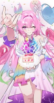 1girl ;) absurdres amiris_(amiris76455574) aqua_hair balloon breasts cake cake_slice commentary_request commission cyrene_(demiurge)_(honkai:_star_rail) cyrene_(honkai:_star_rail) diamond-shaped_pupils diamond_(shape) dress flower food gradient_hair hair_flower hair_intakes hair_ornament heart_balloon highres holding holding_plate honkai:_star_rail honkai_(series) korean_commentary large_breasts long_hair looking_at_viewer multicolored_hair one_eye_closed pink_hair plate pointy_ears purple_eyes smile solo symbol-shaped_pupils two-tone_hair very_long_hair white_dress