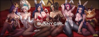 6+girls ^_^ ahri_(league_of_legends) animal animal_ears arm_belt arm_on_another's_shoulder arm_support armpits arms_up bare_shoulders black_hair black_legwear blue_eyes blue_hair blush breasts brown_eyes brown_hair brown_legwear brown_nails caitlyn_(league_of_legends) choker citemer cleavage clenched_hand closed_eyes clothing_cutout copyright_name couch cross-laced_clothes crossdressing crossdressing_(ftm) crystal dark-skinned_female dark_skin eyelashes facial_mark fake_animal_ears fingernails fiora_(league_of_legends) forehead_jewel fox_ears gem gloves green_eyes hair_over_one_eye hairband hands_on_own_head hat heart heart_cutout high_heels highleg highleg_leotard highres holding holding_own_hair janna_(league_of_legends) jewelry kneeling large_breasts league_of_legends leaning_back leaning_to_the_side leblanc_(league_of_legends) leblanc_(legacy) leotard long_fingernails long_hair looking_at_viewer male_playboy_bunny mini_hat mini_top_hat multicolored_hair multiple_girls nail_polish necklace nidalee odd_one_out one_eye_covered pale_skin palms pantyhose parted_bangs parted_lips pink_hair pink_lips playboy_bunny pointy_ears ponytail purple_footwear purple_hair purple_lips purple_nails rabbit_ears rabbit_tail red_footwear red_lips red_nails seiza shoes short_hair sitting smile spread_legs strapless strapless_leotard swept_bangs tail teemo tiara tooth_necklace top_hat two-tone_hair watermark web_address whiskers white_footwear white_gloves white_hair wrist_cuffs wristband yellow_eyes yokozuwari