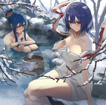 &gt;:( 2girls annoyed blue_hair blush branch breasts bucket convenient_arm convenient_leg food food-themed_hair_ornament frilled_shawl frills fruit hair_ornament highres hinanawi_tenshi large_breasts long_hair looking_at_viewer mino_(minori) multiple_girls nagae_iku naked_towel nude onsen peach peach_hair_ornament purple_hair red_eyes rock shawl short_hair smile snow snow_on_tree steam touhou towel v-shaped_eyebrows water wide_hips winter