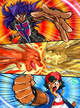 0bd67g5r3250-2m 2boys aqua_hair ash_ketchum backwards_hat baseball_cap black_gloves black_shirt blue_vest bracelet brown_eyes champion_uniform charizard clenched_hands clenched_teeth commentary_request dark-skinned_male dark_skin dynamax_band electricity emphasis_lines facial_hair fangs fingernails fire fire_blast_(pokemon) foreshortening gen_1_pokemon gloves goatee hat highres jewelry leon_(pokemon) long_hair male_focus mismatched_eyebrows multiple_boys nintendo open_clothes open_mouth open_vest partially_fingerless_gloves pikachu pokemon pokemon_(anime) pokemon_(creature) pokemon_battle pokemon_journeys pokemon_move purple_hair red_hat scene_reference shirt short_hair short_sleeves signature single_glove spoilers t-shirt teeth thunderbolt_(pokemon) tongue tongue_out upper_body upper_teeth_only v-shaped_eyebrows veins vest white_shirt yellow_eyes