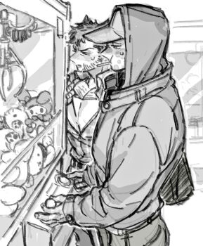 2boys baseball_cap belt candy chest_hair couple crane_game deadpool deadpool_&amp;_wolverine deadpool_(series) dishing facial_hair food hat hello_kitty hello_kitty_(character) highres holding hood hood_up hoodie jacket large_pectorals lollipop long_sleeves male_focus marvel marvel monochrome mouth_hold multiple_boys muscular muscular_male my_melody open_mouth pants pectorals plaid_clothes plaid_shirt sanrio scar scars_all_over shirt short_hair stuffed_animal stuffed_rabbit stuffed_toy sweatdrop too_many wolverine_(x-men) x-men yaoi