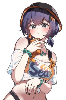 Rule 34 | 1girl, :/, absurdres, bare shoulders, belle (summer skies) (zenless zone zero), belle (zenless zone zero), bikini, bikini top under shirt, bikini under clothes, black nails, blue hair, blush, bracelet, breasts, bucket hat, cleavage, closed mouth, collarbone, earrings, fish hat, green eyes, hair ornament, hat, highres, holding, holding phone, jewelry, letter hair ornament, looking at viewer, medium breasts, midriff, mureniii, navel, off-shoulder shirt, off shoulder, official alternate costume, orange bikini, phone, see-through clothes, see-through shirt, shirt, short hair, simple background, solo, sphere hair ornament, swimsuit, tied shirt, upper body, white background, zenless zone zero