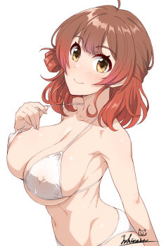 Rule 34 | 1girl, bikini, blush, breasts, brown eyes, brown hair, closed mouth, commentary, covered erect nipples, gakuen idolmaster, gradient hair, hanami ume, hand up, idolmaster, large breasts, looking at viewer, medium hair, multicolored hair, navel, simple background, smile, solo, stomach, strap pull, swimsuit, underboob, white background, white bikini, yukimasa (nkk145)